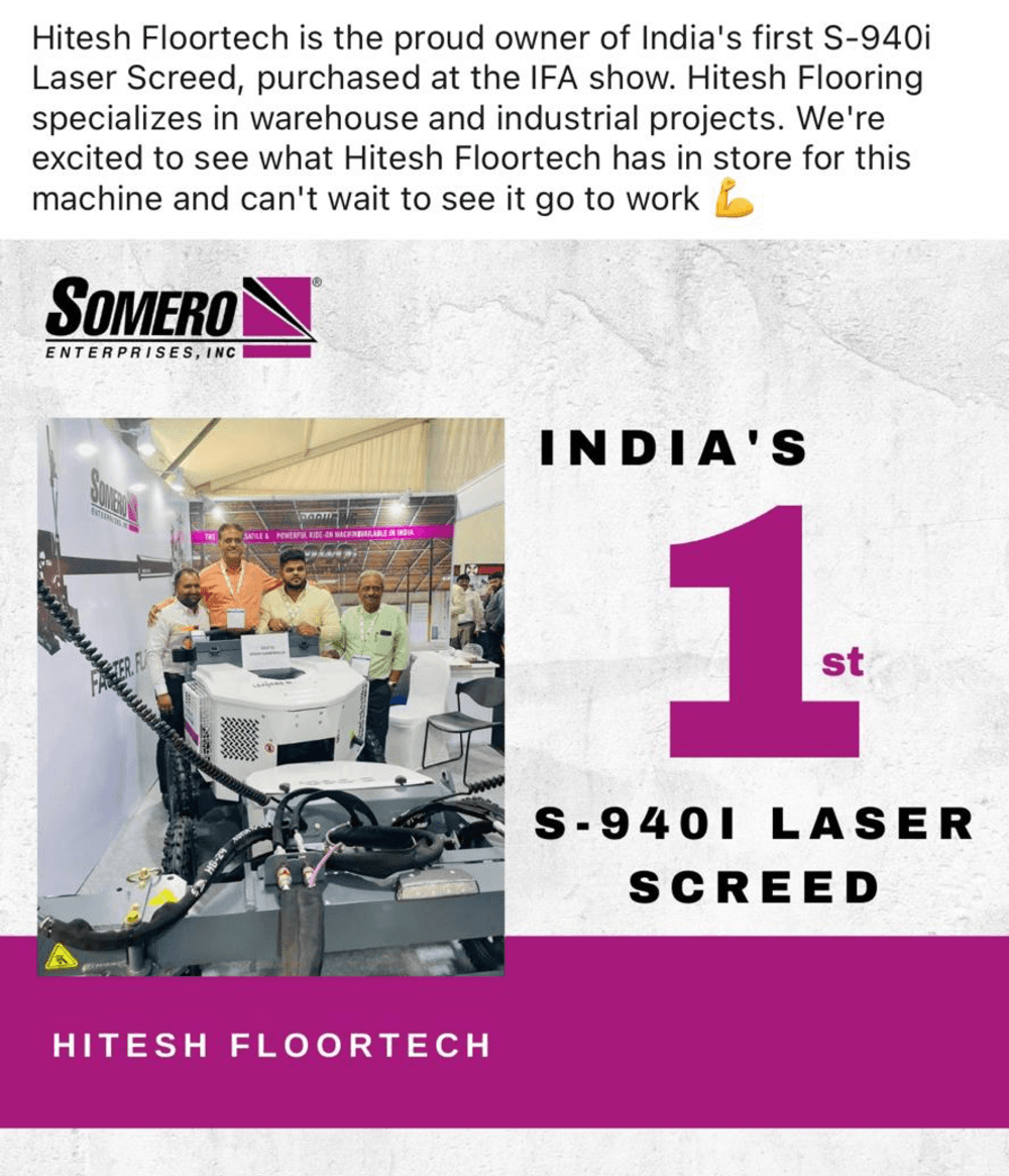 Hitesh Floortech — India's first S-940i Laser Screed, purchased at IFA show