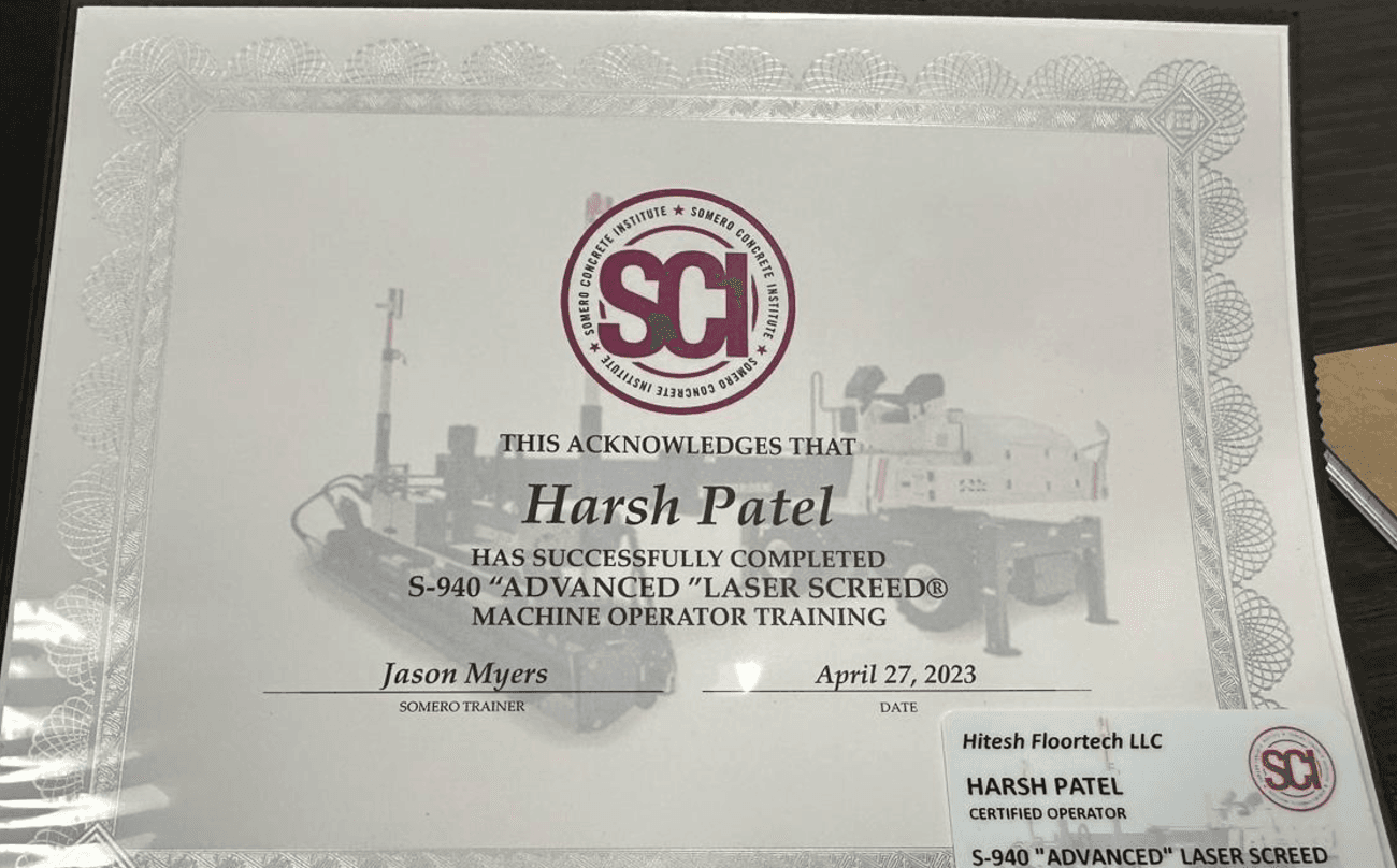 Somero Concrete Institute certificate — Harsh Patel, S-940 Advanced Laser Screed Machine Operator, April 27, 2023