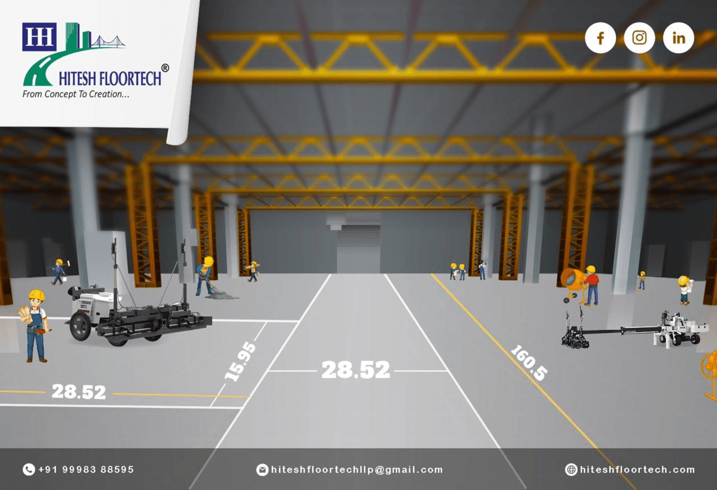 Industrial bay layout with laser-screed equipment in position — typical wide-bay deployment by Hitesh Floortech